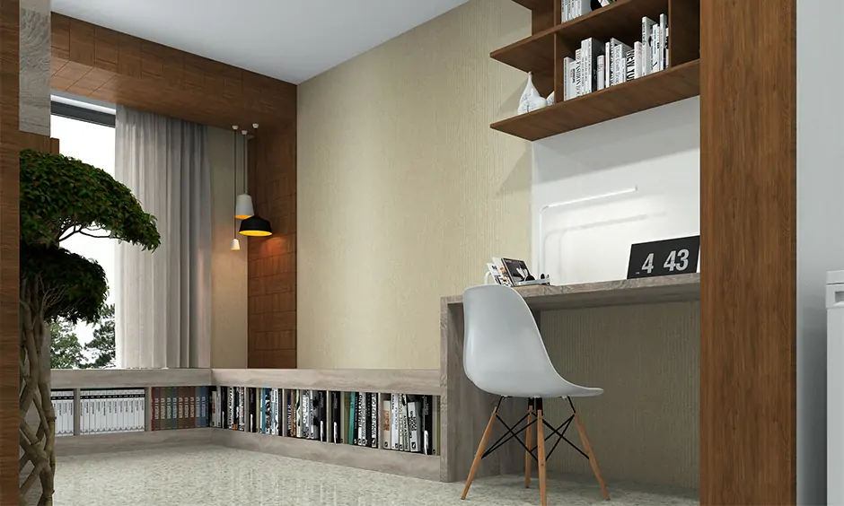 Modern book rack design features open shelves and an attached long storage bench