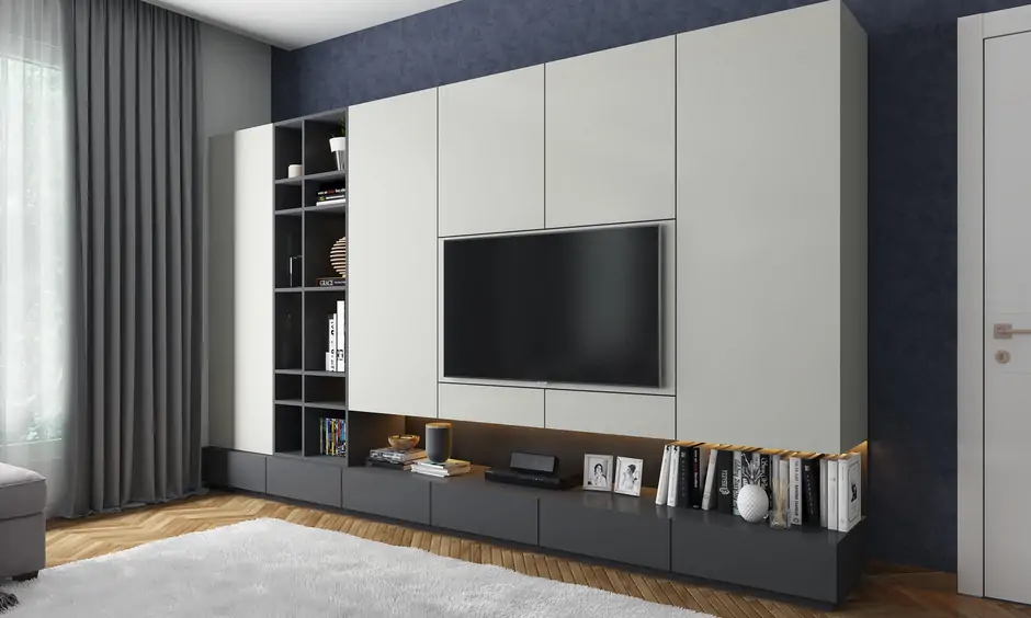 Modern Built-in TV wall design, which is an edgy combination of laminates