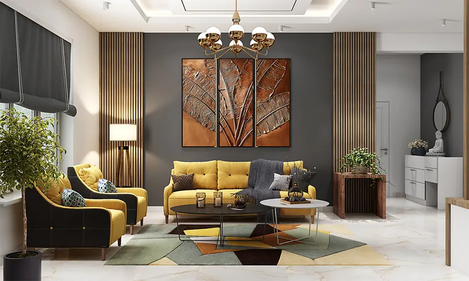 Modern contemporary interior design furnished with mustard couch