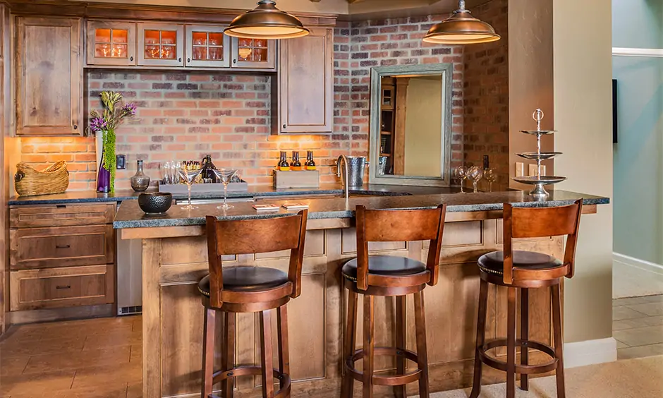 Modern home mini bar designed with wood and brick red wall infuses more personality to the bar brings vintage and rustic touch