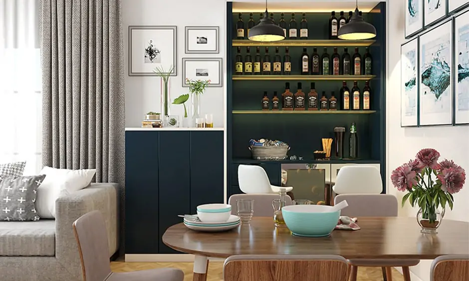 Living cum dining area with a modern mini bar design for home