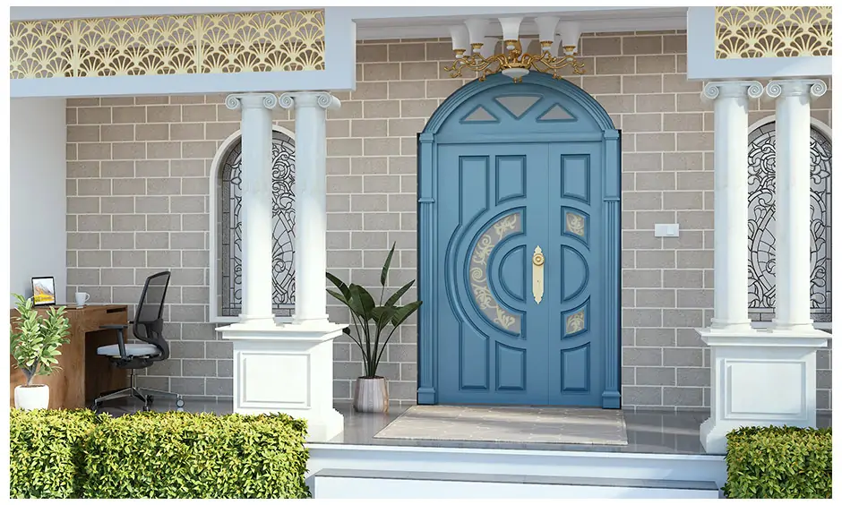 Arched modern wooden door design with printed glass panel