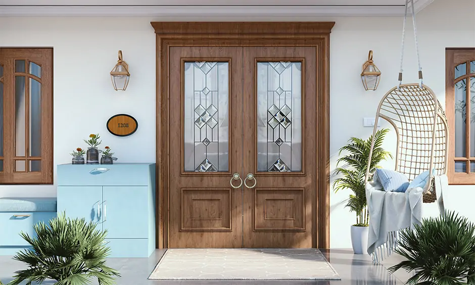 Modern wooden double door design for main door with glass panels