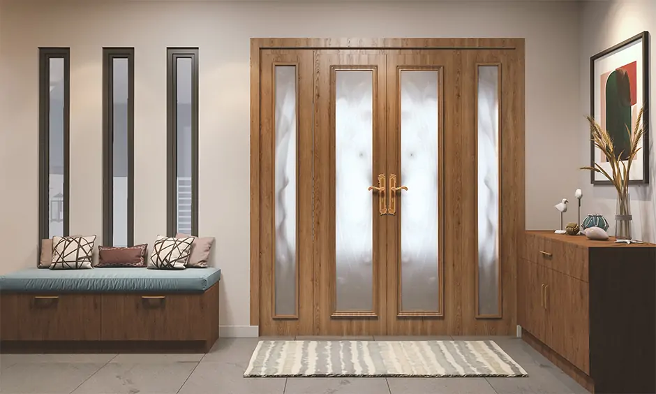 Modern wooden main double door design with frosted glass