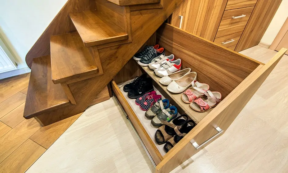 Narrow space saving staircase for small houses with a shoe unit