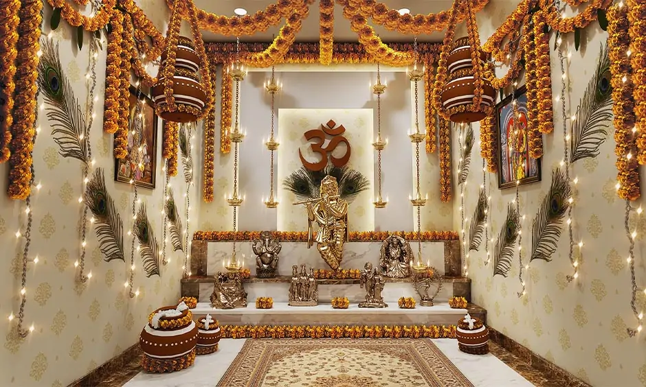 Janmashtami decoration at home with handi pots decorated with white paint and flowers lights looks fantastic