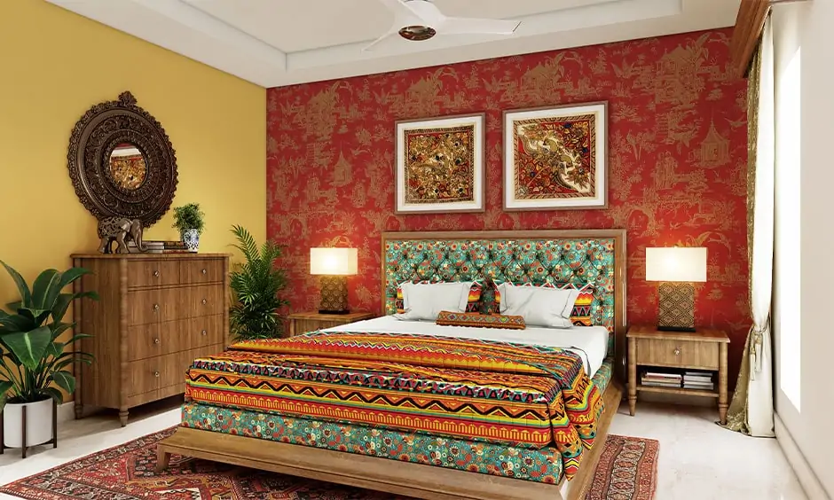 Rajasthan style home decor ideas with traditional wall art, carpets, and handicrafts