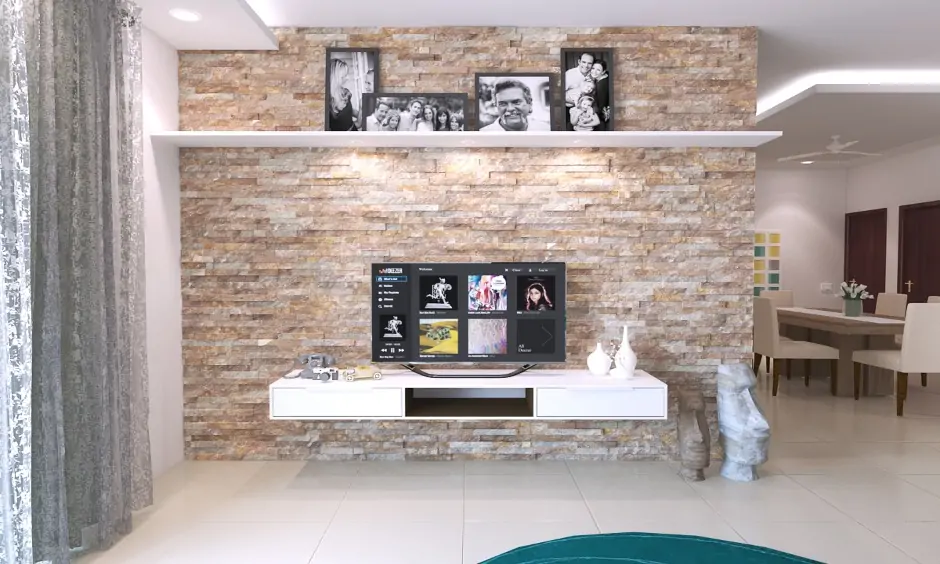 Interior stone wall cladding design for tv unit background in the living room looks great