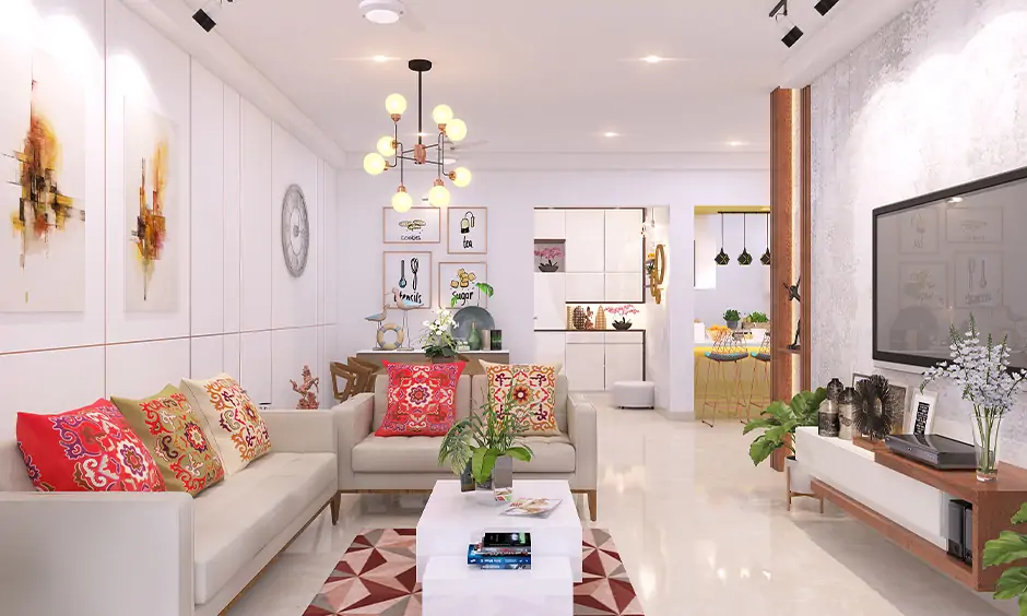 Indian traditional interior design, the white living room has different elements with beautiful bold colours.