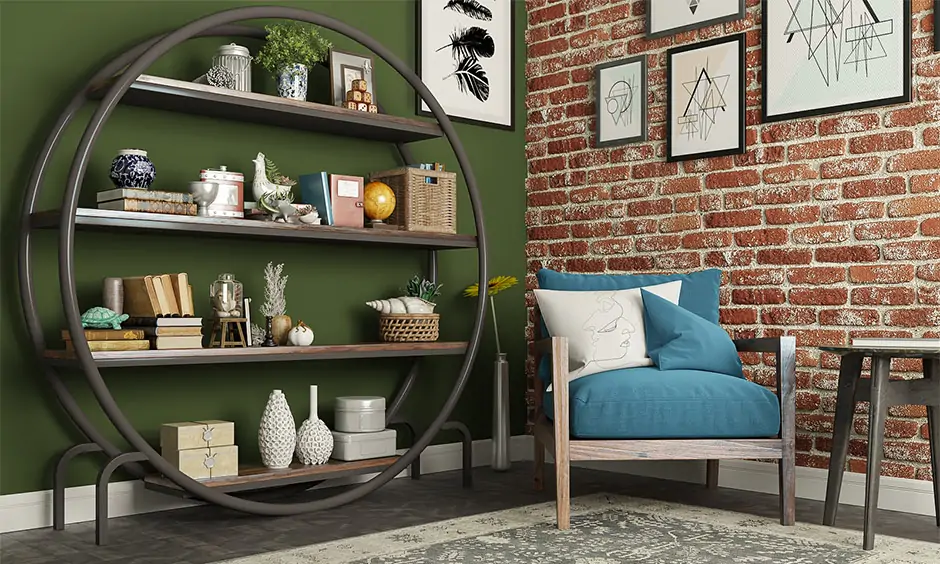 Reading room design with metallic bookshelf cum display rack accentuates the room's rustic design theme