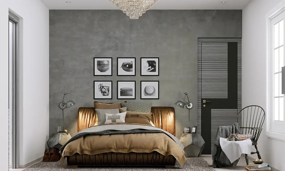 Sconces industrial wall lights in steel grey metal illuminating the bedside