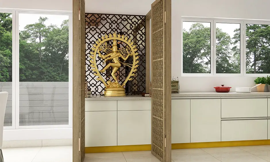 Mandir temple with jaali doors in the open kitchen area