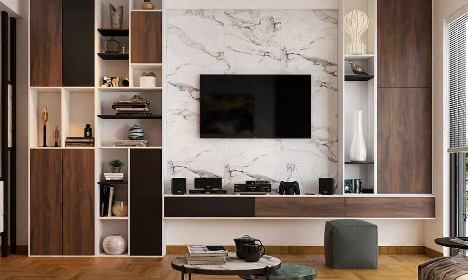 Design multipurpose tv units with open shelves is the best idea for a staycation at home to keep space organised like a hotel.