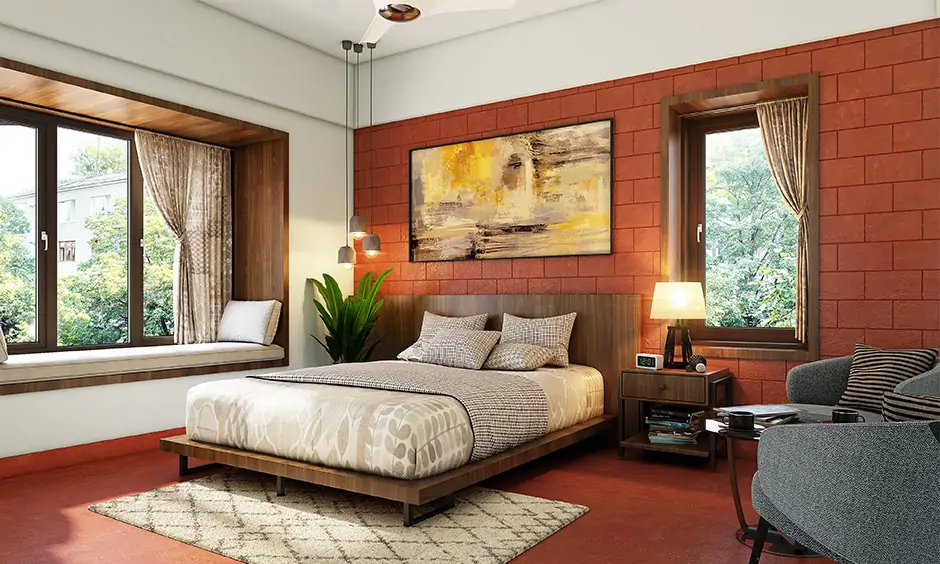 Bedroom wall designed with artworks and hanging lights recreates hotel-like vibe and perfect staycation at home.