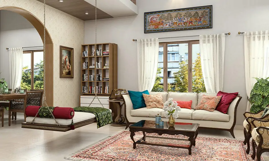 Traditional indian interior design style decorated with a beautiful rug