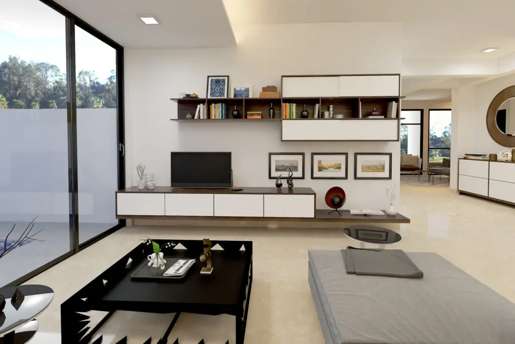 Tv showcase design with a big tv cabinet with wall mounted white colour shelves