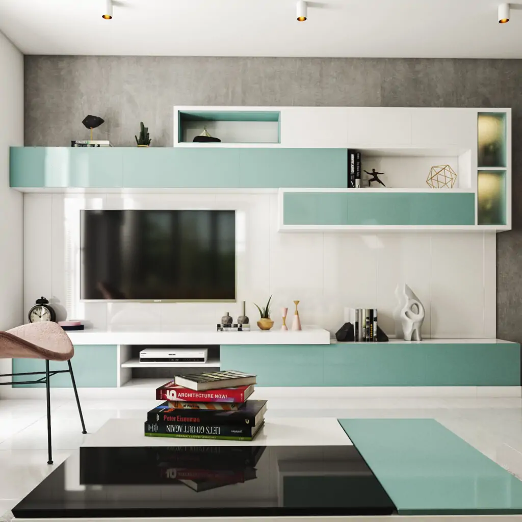 Tv showcase design for home with contemporary aqua theme with rectangular upside cupboards