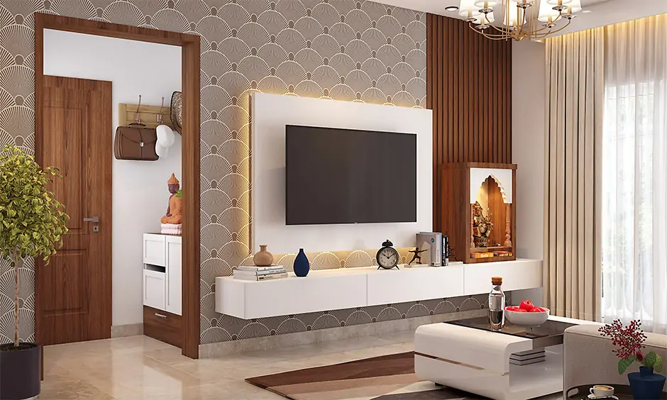 TV unit with mandir design in pristine white with backlit