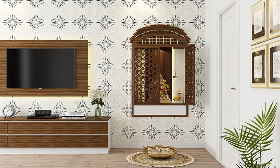 Wall-mounted tv unit with pooja mandir designed as a floating entity