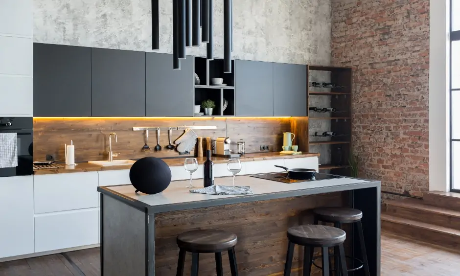 Red brick stone wall cladding in modern island kitchen looks urbane