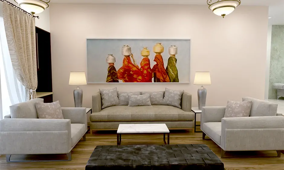 Indian home interior design ideas deck up a wall with indian art decors like paintings artwork and photographs