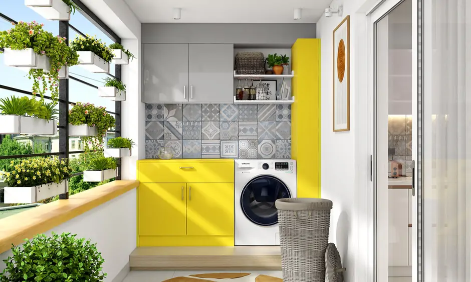 Yellow and grey wash area has a grill design for hanging planters and pots