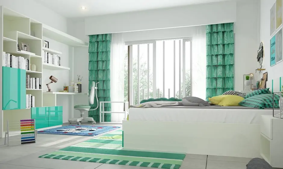 White and green curtains for white walls add incredible energy to your home