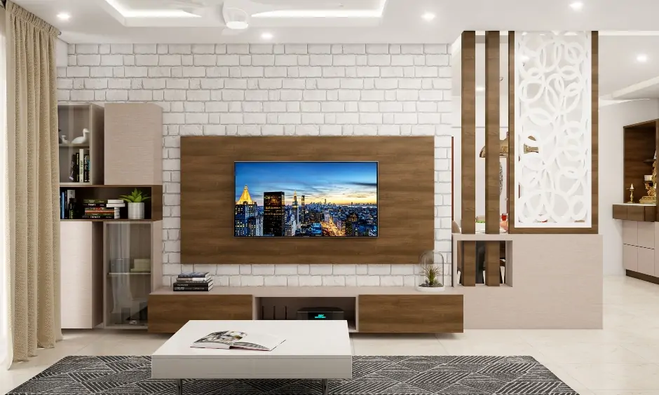 White cladding wall stone against tv wall brings a statement wall in the living room