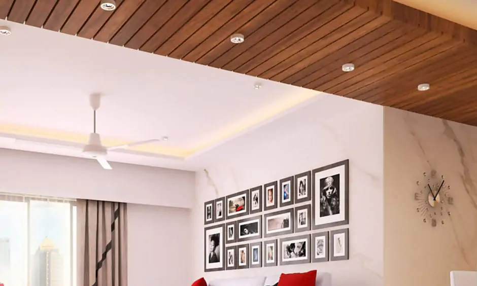 Stylish and sound-absorbing wooden false ceiling material in a hallway